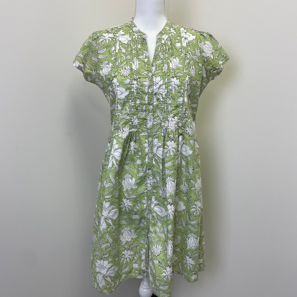 Madison Mathews Green Floral Block Print Pintuck Cotton Button Front Dress M